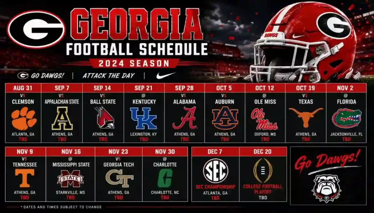 Full 2025 Georgia football schedule infographic listing dates, SEC opponents, and home games