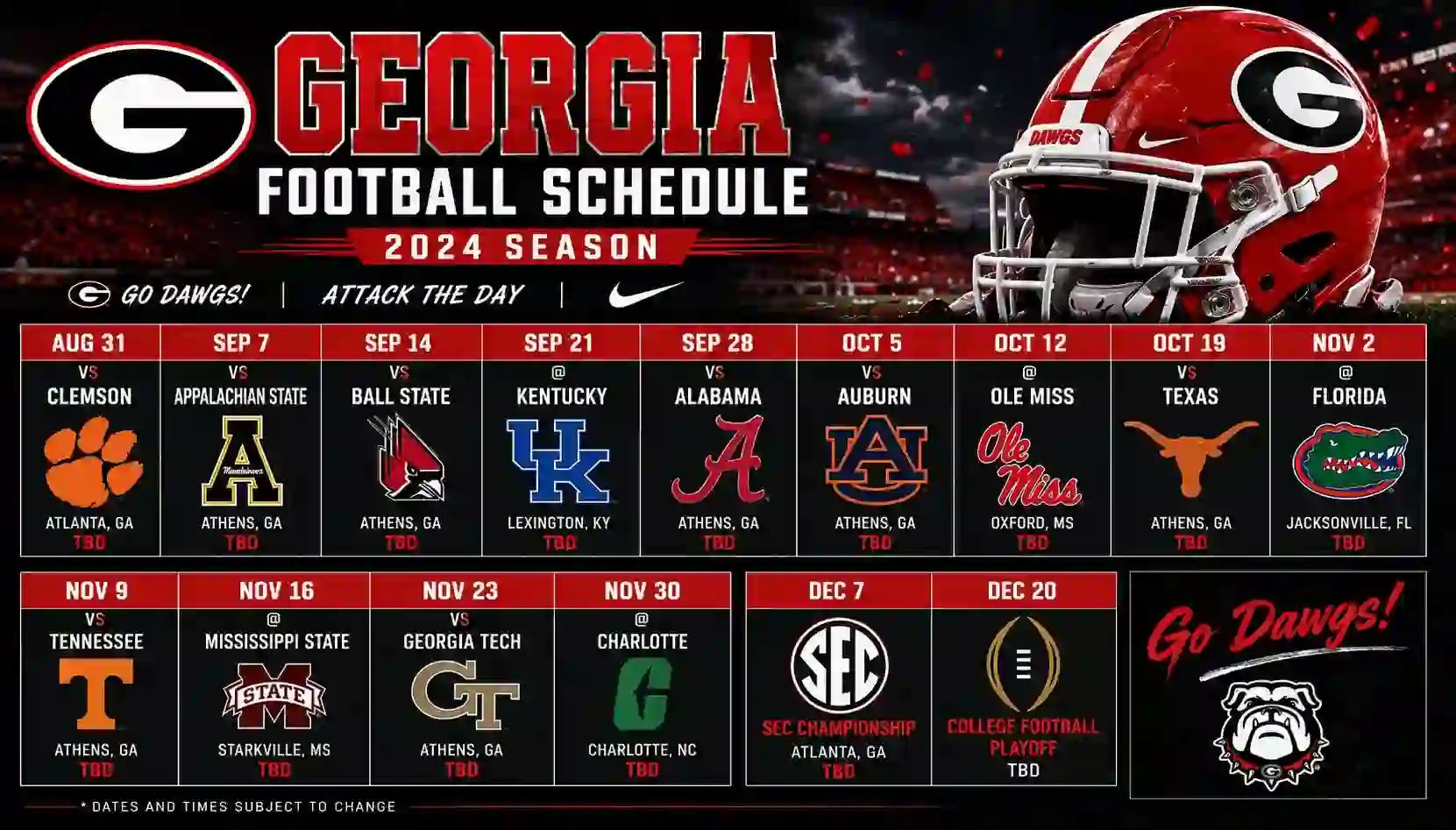 Full 2025 Georgia football schedule infographic listing dates, SEC opponents, and home games