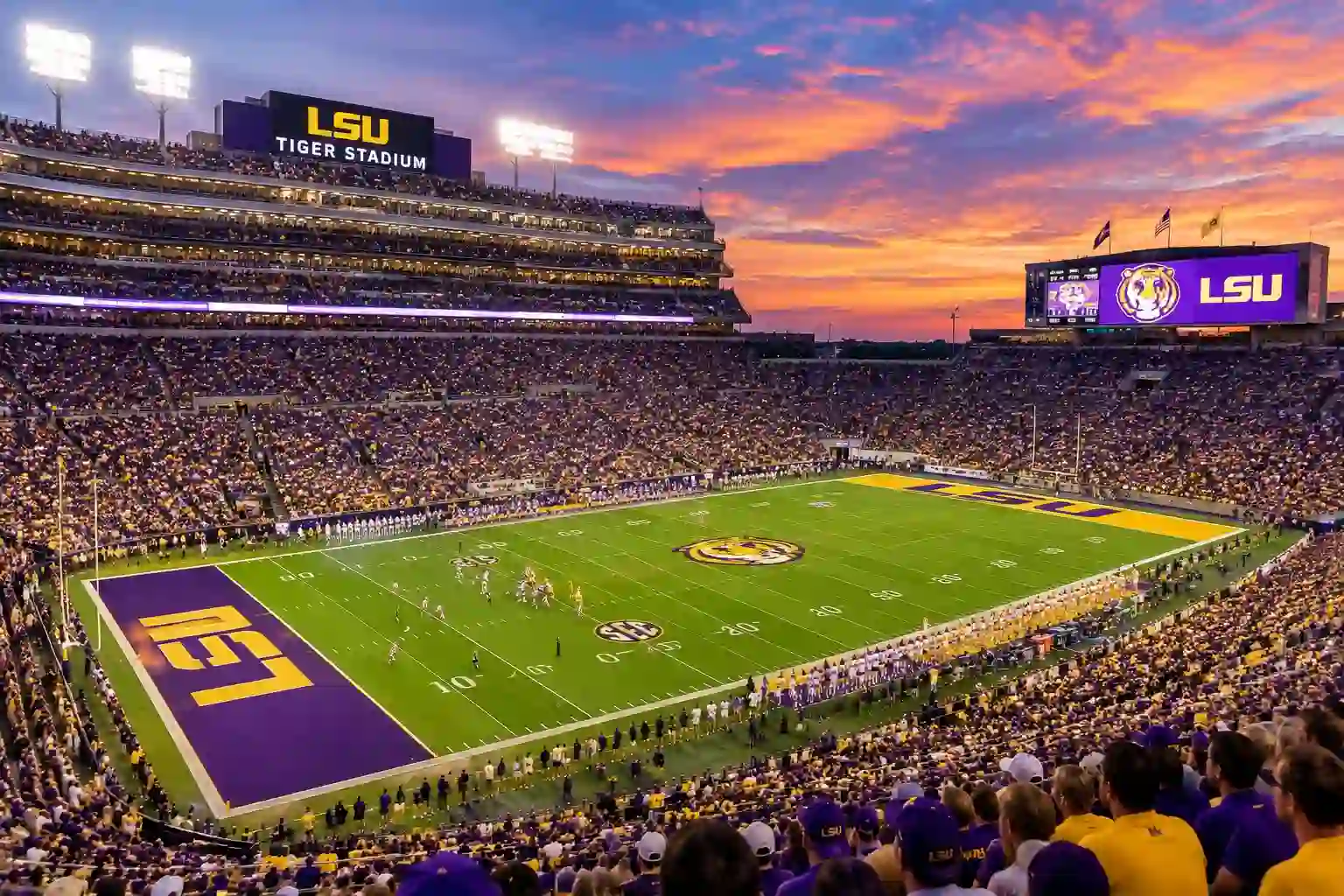 LSU football stadium filled with fans during a game at sunset