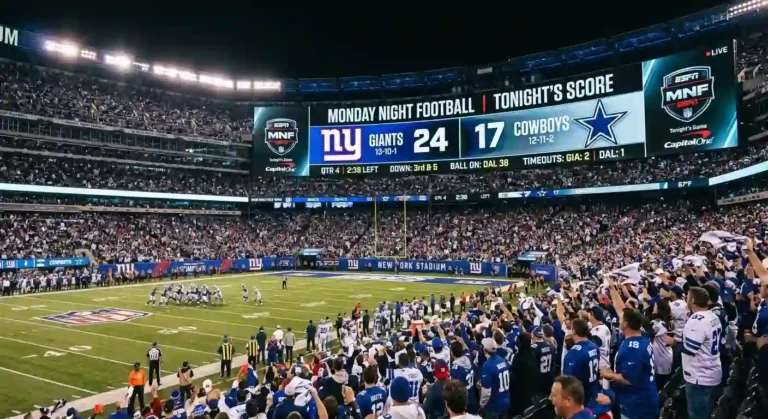 Stadium scoreboard displaying Monday Night Football tonight's score with NY Giants leading Dallas Cowboys 24 to 17 in the 4th quarter.