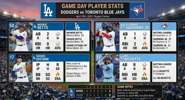Infographic showing Dodgers vs Toronto Blue Jays player stats including Mookie Betts, Shohei Ohtani, Vladimir Guerrero Jr., and Bo Bichette with scoreboard.