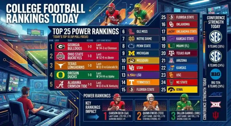 College football Top 25 power rankings infographic featuring top teams including Ohio State, Oregon, Georgia, and Texas with recent game results and conference strength stats.