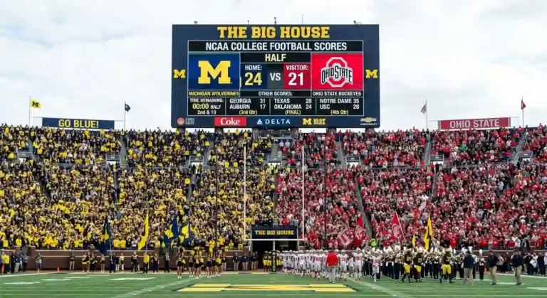arge stadium jumbotrons scoreboard displaying NCAA college football scores between Michigan Wolverines and Ohio State Buckeyes during halftime in a packed college football stadium.