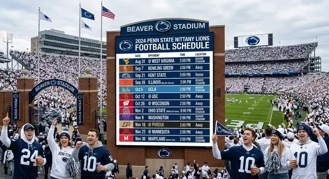 Penn State football schedule displayed on a large stadium screen with fans cheering at Beaver Stadium.