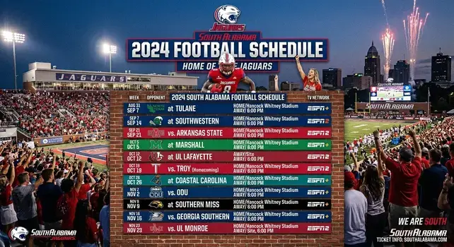 Official South Alabama Jaguars football schedule graphic featuring game dates, opponents, match locations, and broadcasting networks at Hancock Whitney Stadium.