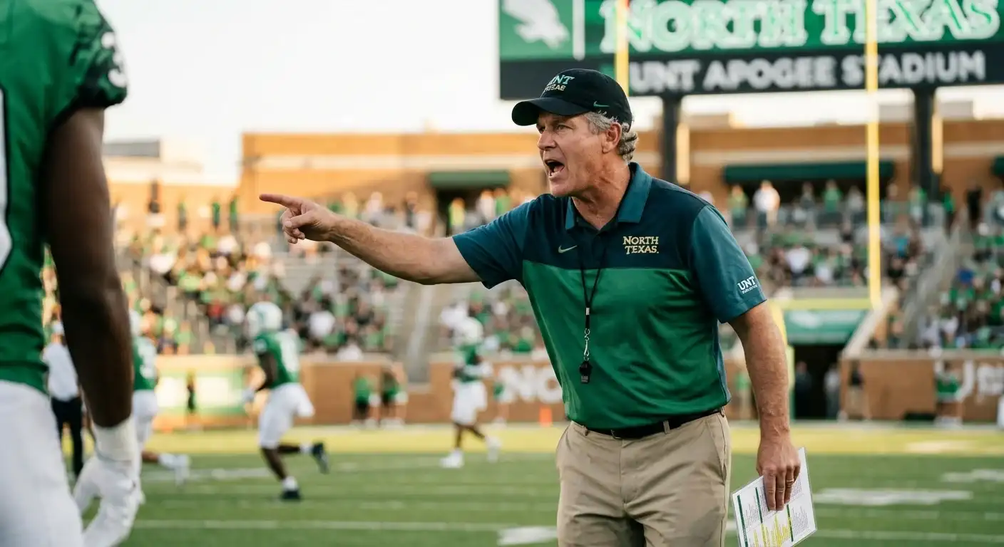 North Texas Mean Green football coach shouting instructions on the sideline at DATCU Stadium.