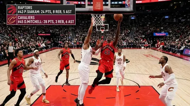 Toronto Raptors vs Cleveland Cavaliers NBA game graphics overlay showing match player stats for Pascal Siakam and Donovan Mitchell