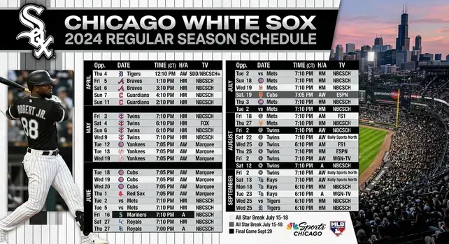 Chicago White Sox 2024 regular season schedule graphic featuring player Luis Robert Jr., game dates, opponents, and home stadium view.