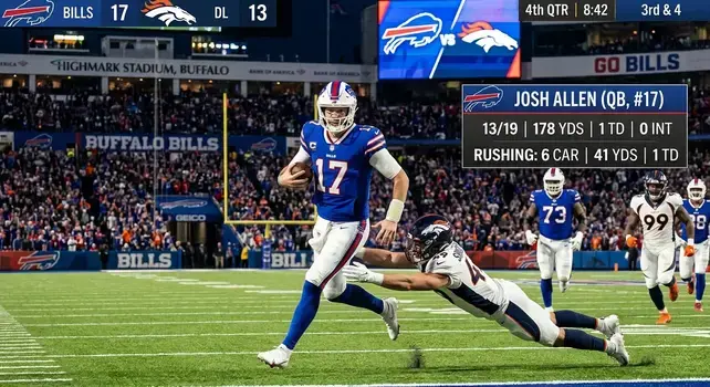 Josh Allen Bills QB scrambling against Denver Broncos defense showing live match player stats overlay on field.
