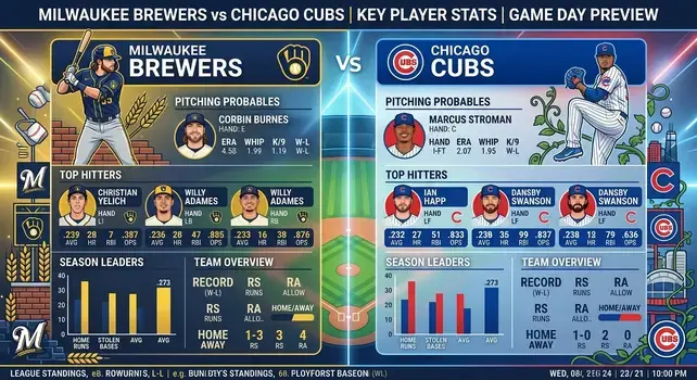 Infographic displaying Milwaukee Brewers vs Chicago Cubs match preview, featuring pitching probables, top hitters batting average, home runs, and team stats.