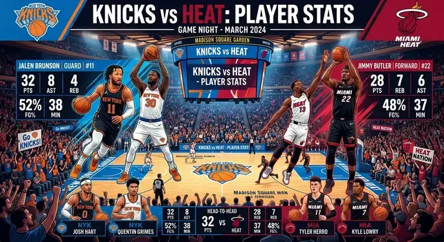 Infographic comparing player statistics for the New York Knicks and Miami Heat basketball match, featuring points, rebounds, and shooting percentages.