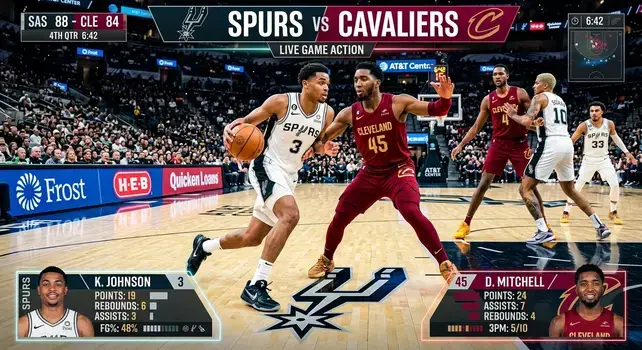 San Antonio Spurs vs Cleveland Cavaliers Match Player Stats Banner featuring Victor Wembanyama and Donovan Mitchell