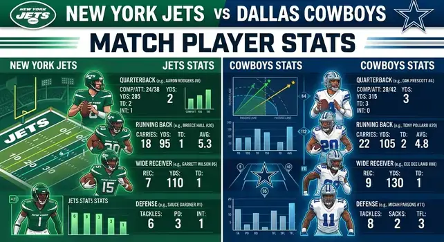 New York Jets vs Dallas Cowboys Match Player Stats Infographic showing passing, rushing, receiving, and defense statistics.