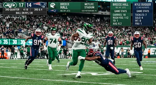 New York Jets running back Breece Hall running the football against New England Patriots safety Kyle Dugger with live match stats overlay.