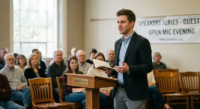 Christian Parker speaking at a guest open mic speaker series event in a community hall.